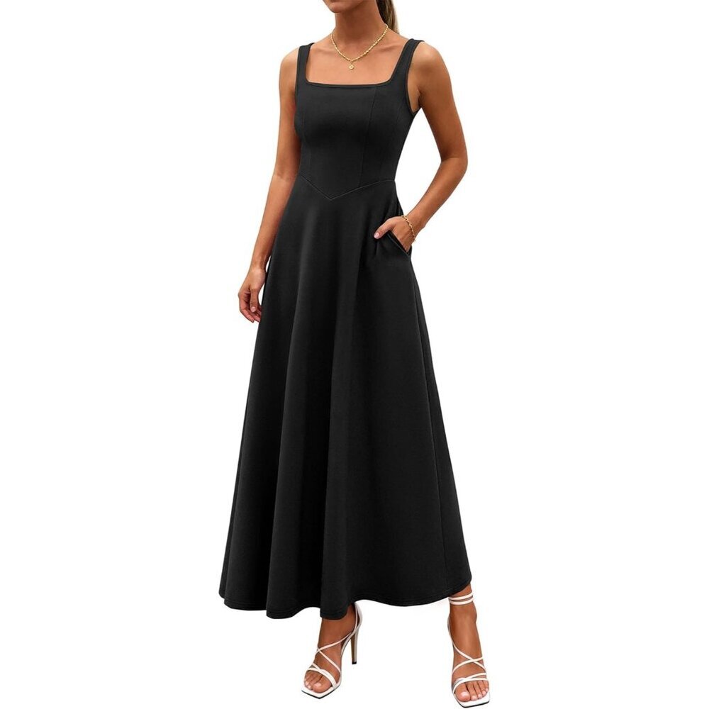 Women Black Sleeveless Elegant Square Neck Aline Swing Guest Maxi Dress Pockets